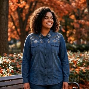 🆕 3X Diane Gilman Embellished Blue Jean Denim Shirt